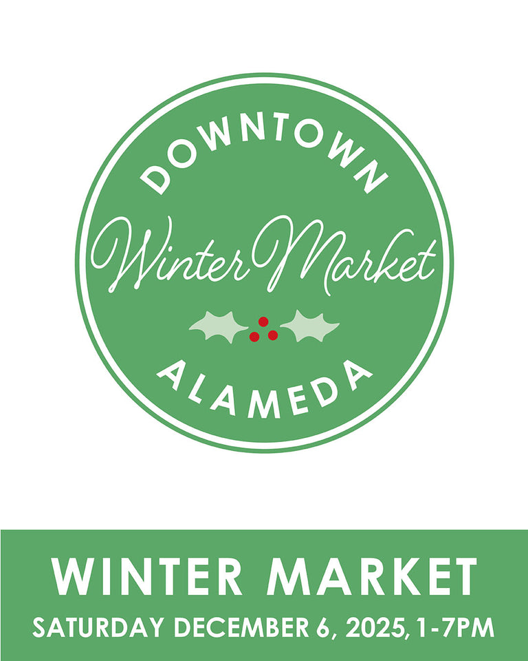 Green logo for Downtown Winter Market Alameda with event details on a white background