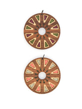 Two wooden circular pendants with colorful triangular patterns on a white background