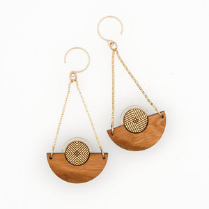 Cherry wood chandelier earring in bone white with gold centers by Bird of Virtue