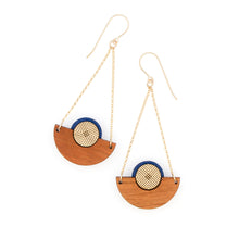 Cherry wood chandelier earring in cobalt blue with gold centers by Bird of Virtue
