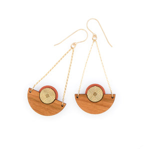 Cherry wood chandelier earring in rooibos tea red clay with gold centers by Bird of Virtue