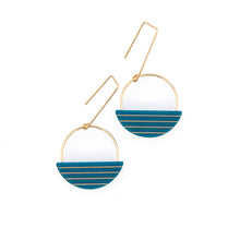 Pair of earrings with gold and teal design on a white background