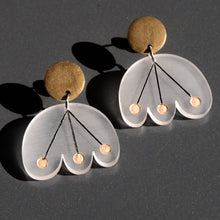 Frost/clear flower earrings with gold dots and black lines dangle from circular gold post by Bird of Virtue