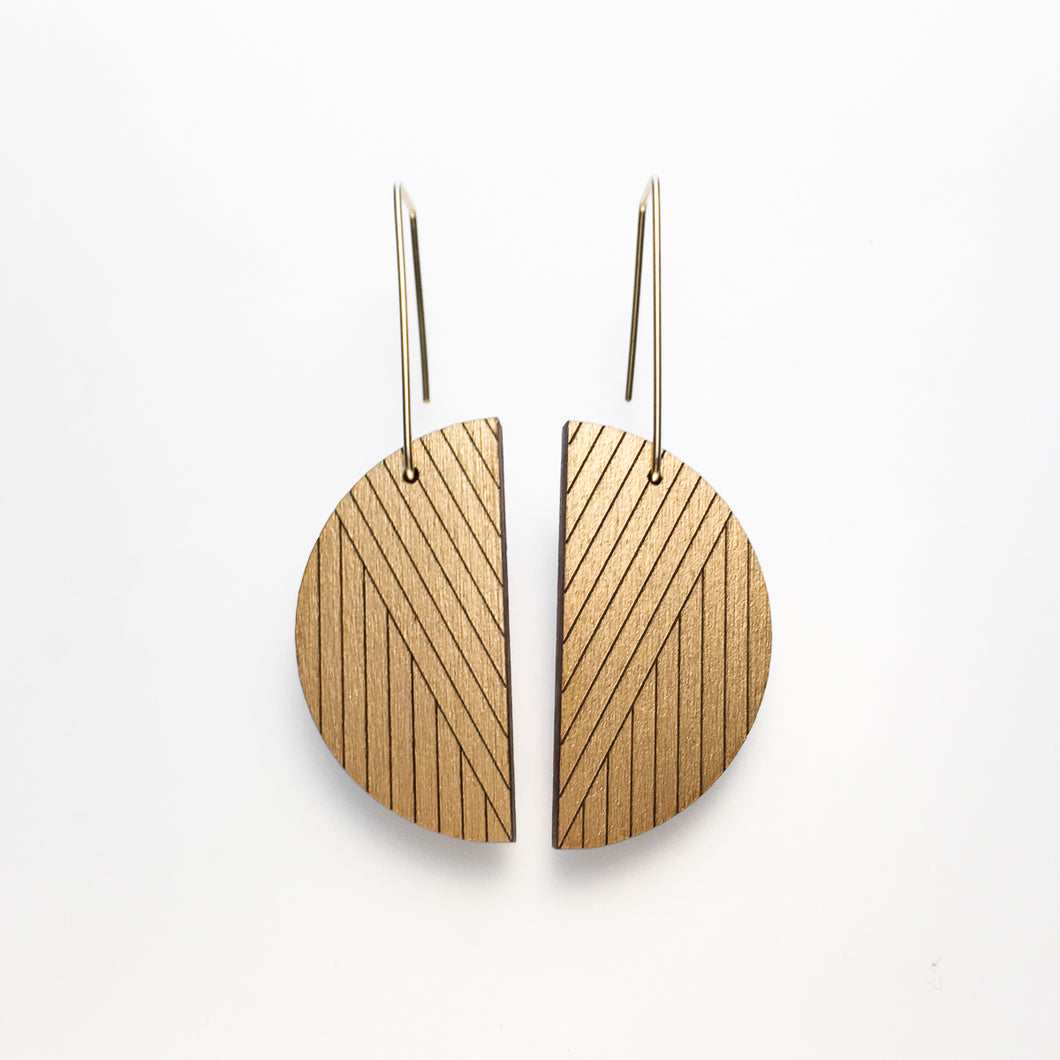 Clear frosted half circle gold-metallic painted cherry wood earring with long, gold wire posts