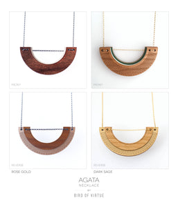 Four picture view showing front and back of necklaces and color options. Necklace design is an open u-shaped hardwood necklace. Rose gold/walnut and sage green/cherry wood.
