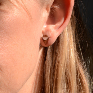 Detail earlobe shot of of triangle/circle shaped stud earring on light-skinned blond model's ear.