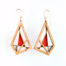 Medium toned cherry wood geometric earrings with gold french hooks with sections painted in metallic gold, bright red and aqua