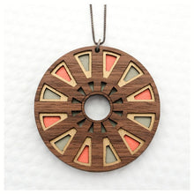 Circle wood Pendant with grey, coral and metallic accents